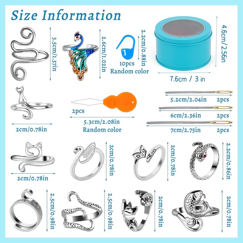 FOUSNOW 11 Pcs Crochet Ring, Adjustable Knitting Tension Rings, Finger Loop Yarn Rings Crochet Ring for Finger, Cat Guide Knitting Thimble, Faster Knitting Accessories for Mother Grandma - Image 2